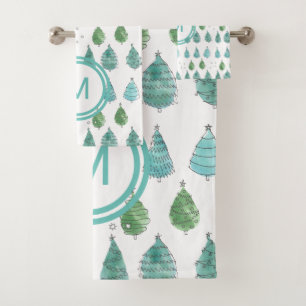 Monogram Christmas Trees Aquamarin Badhandtuch Set