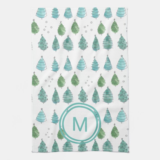 Monogram Christmas Trees Aquamarin Geschirrtuch (Vertikal)