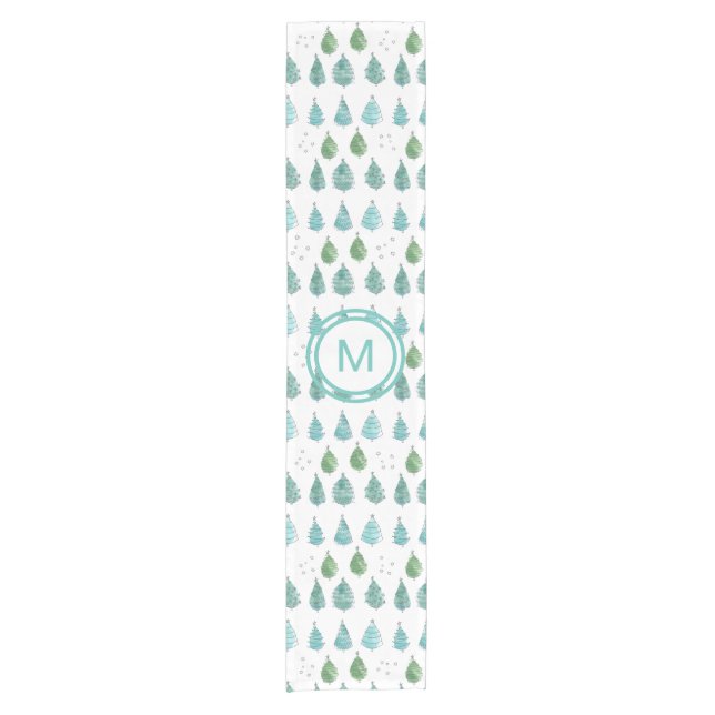 Monogram Christmas Trees Aquamarin Kurzer Tischläufer (Vorderseite)