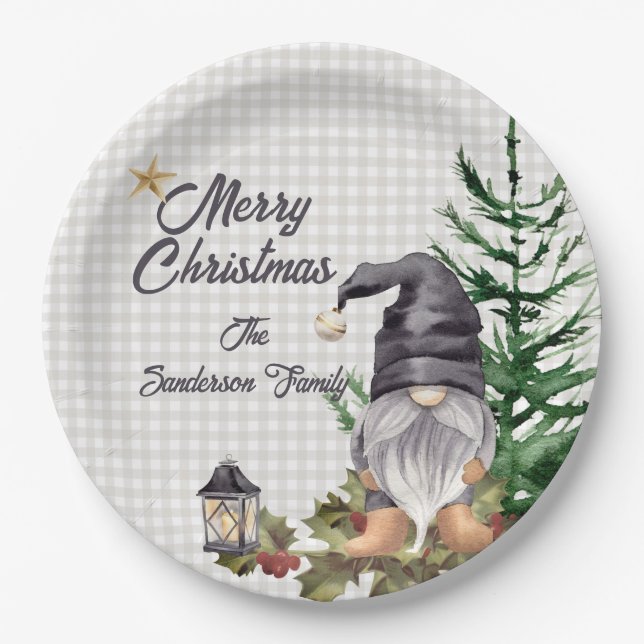 Monogram Christmas Watercolor Gnome-Schürze Pappteller (Vorderseite)