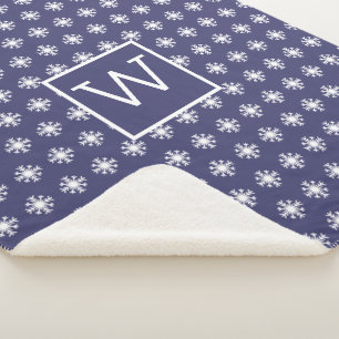 Monogram Christmas White Snow Crystal Navy Blue Sherpadecke