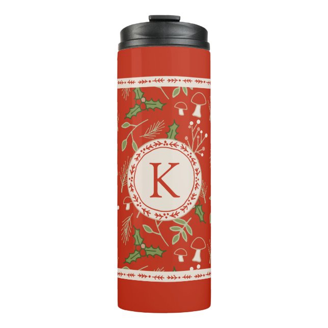 Monogram Christmas Woodlands Red Thermosbecher (Vorderseite)