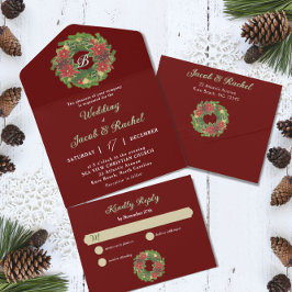 Monogram Christmas Wreath Poinsettias Red Wedding All In One Einladung