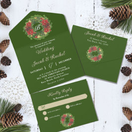 Monogram Christmas Wreath Poinsettias Wedding All In One Einladung