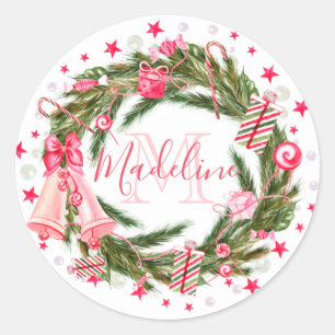 Monogram Christmas Wreath Runder Aufkleber