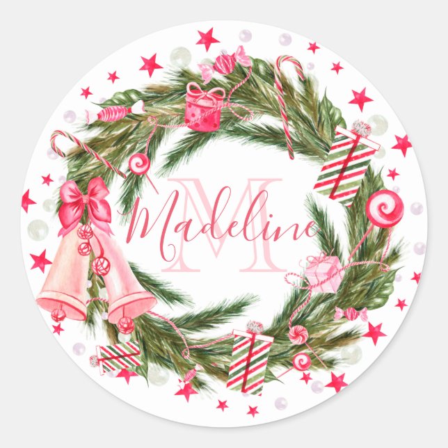 Monogram Christmas Wreath Runder Aufkleber (Vorderseite)