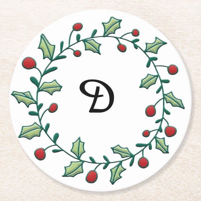 Monogram Christmas Wreath Runder Pappuntersetzer (Vorderseite)