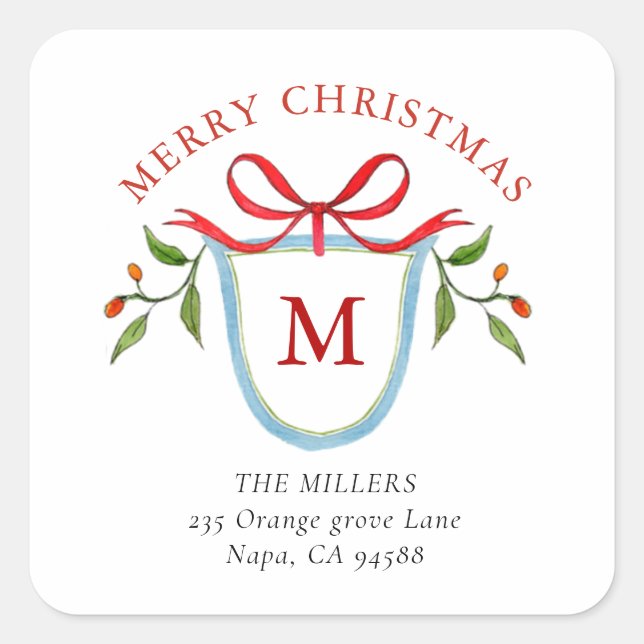 Monogram Citrus Wappen mit Adresse Quadratischer Aufkleber (Vorderseite)