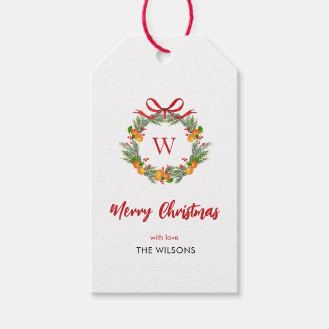 Monogram Citrus Wreath Weihnachtsfeiertag Geschenkanhänger (Vorderseite)