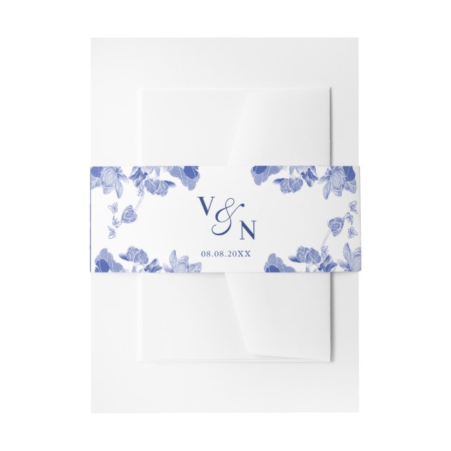 Monogram Classic Blue and White Floral Wedding Einladungsbanderole (Vorderseite Beispiel)