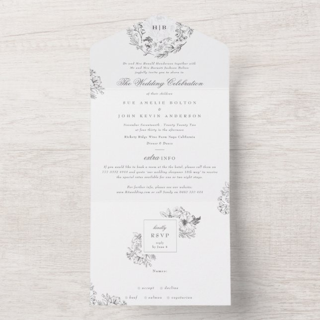 Monogram Classic Botanical Florals Wedding All In One Einladung (Innen)