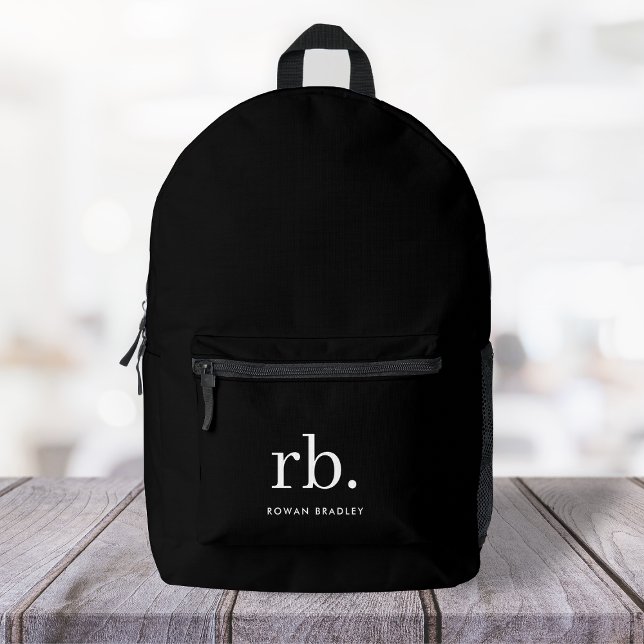 Monogram Classic Elegant Minimal Schwarz und Weiß Bedruckter Rucksack (Sleek black modern monogram custom backpacks.)