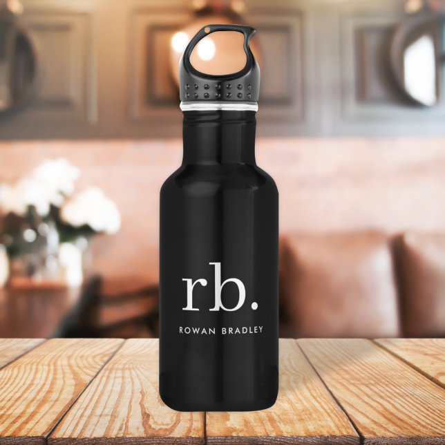 Monogram Classic Elegant Minimal Schwarz und Weiß Edelstahlflasche (Sleek black modern monogram custom  stainless steel water bottles.)