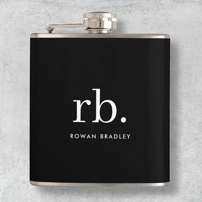 Monogram Classic Elegant Minimal Schwarz und Weiß Flachmann (Sleek black modern monogram custom flasks.)
