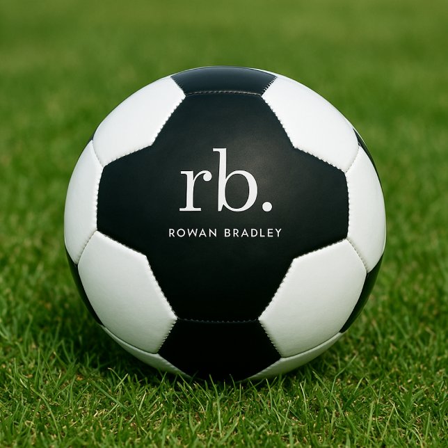 Monogram Classic Elegant Minimal Schwarz und Weiß Fußball (Sleek modern monogram custom soccer ball.)