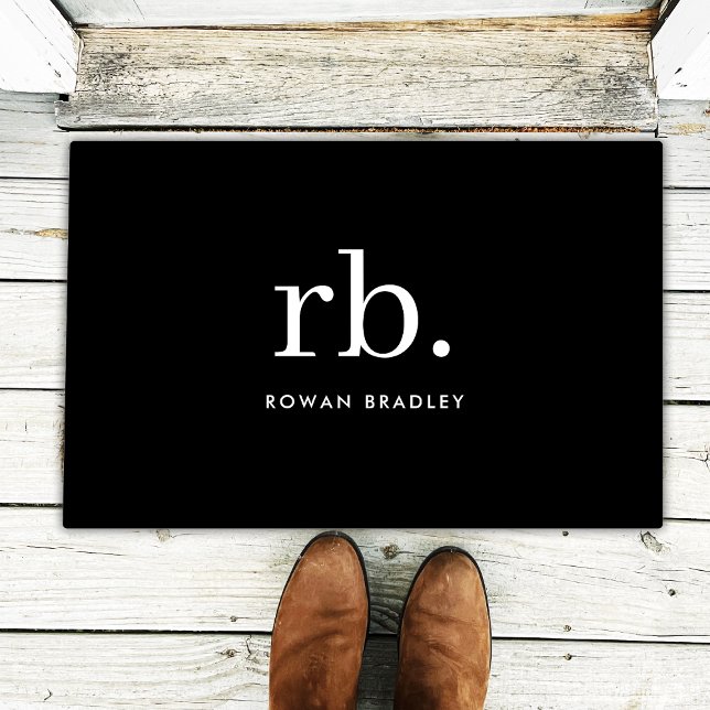 Monogram Classic Elegant Minimal Schwarz und Weiß Fußmatte (Sleek black modern monogram custom doormats for business or personal use.)