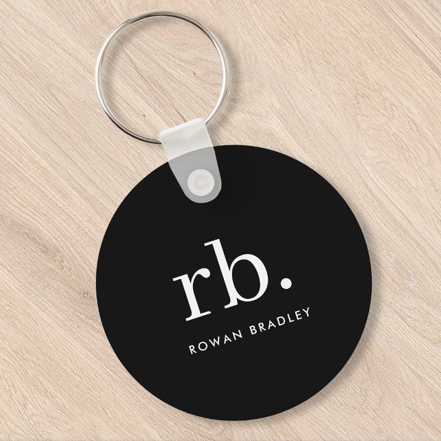 Monogram Classic Elegant Minimal Schwarz und Weiß Schlüsselanhänger (Sleek black modern monogram custom keychain for business or personal use.)