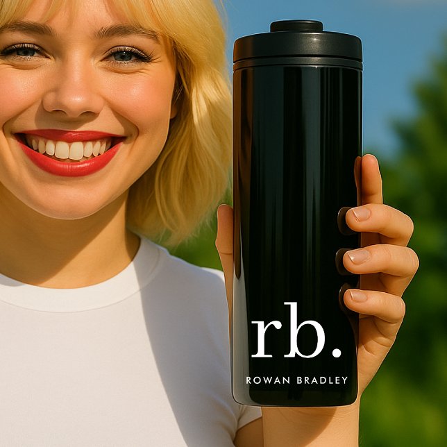 Monogram Classic Elegant Minimal Schwarz und Weiß Thermosbecher (Sleek black modern monogram custom thermal tumbler.)