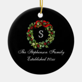 Monogram Classic Holly Wreath Custom Christmas Keramikornament