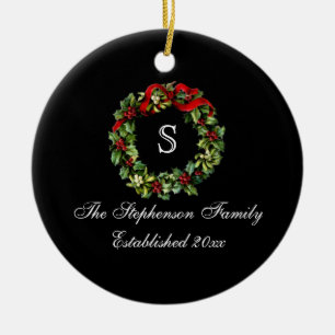 Monogram Classic Holly Wreath Custom Christmas Keramikornament