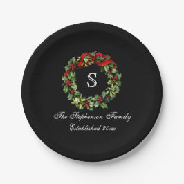 Monogram Classic Holly Wreath Custom Christmas Pappteller