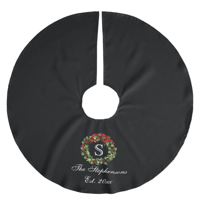 Monogram Classic Holly Wreath Custom Christmas Polyester Weihnachtsbaumdecke (Vorderseite)