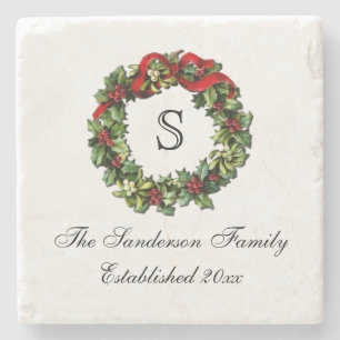Monogram Classic Holly Wreath Custom Christmas Steinuntersetzer