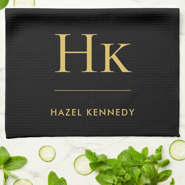 Monogram Classic Simple Elegant Black Gold Geschirrtuch (Von Creator hochgeladen)