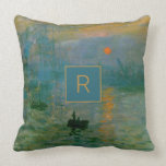 Monogram Claude Monet Sunrise Impressionismus Öl Kissen<br><div class="desc">Das berühmte Bild von Claude Monets "Sonnenaufgang" Öl auf Leinwand im Impressionismus Stil mit schönen Grüntönen und Blues und Orange kennzeichnet Ihr Monogramm Initial.  Dieses edle Kunstdesign ist perfekt für die Liebe Monet,  Impressionismus Art und klassische Fine Art.</div>