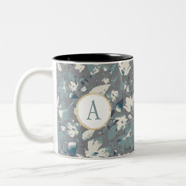 Monogram Clematis Grau Blue Watercolor Blume Zweifarbige Tasse (Links)