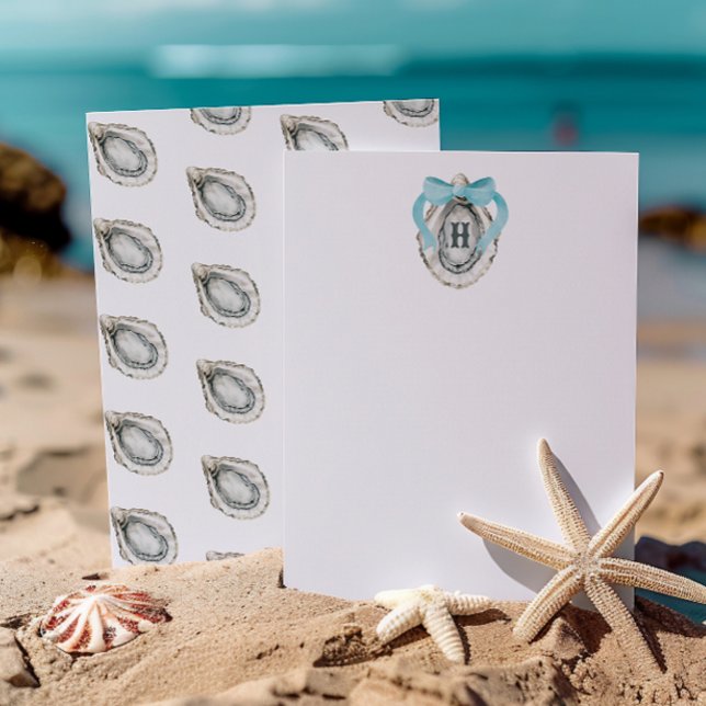 Monogram Coastal Blue Bow Oyster Dankeskarte (Von Creator hochgeladen)