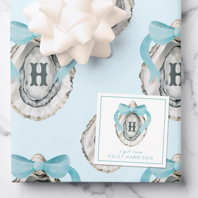 Monogram Coastal Blue Bow Oyster Mitteilungskarte (Von Creator hochgeladen)