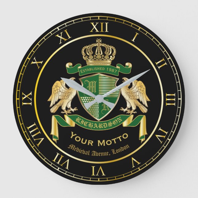 Monogram Coat of Arms Green Gold Eagle Emblem Große Wanduhr (Vorderseite)