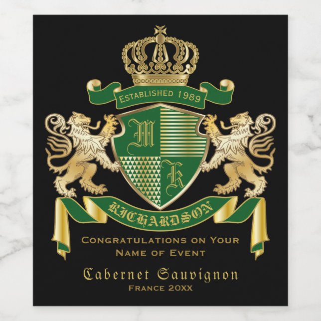 Monogram Coat of Arms Green Gold Lion Crown Emblem Weinetikett (Einzelnes Label)