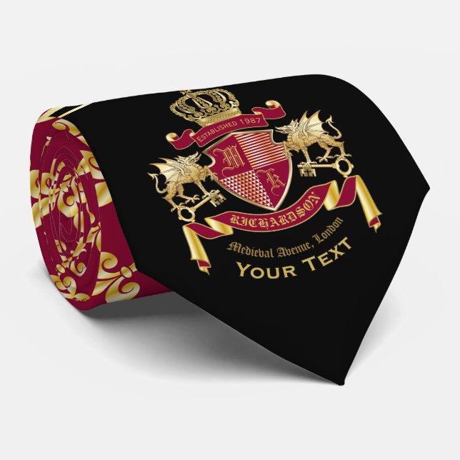 Monogram Coat of Arms Red Gold Dragon Crown Emblem Krawatte (Gerollt)