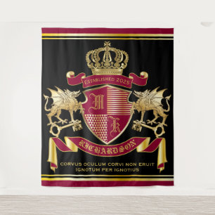 Monogram Coat of Arms Red Gold Dragon Crown Emblem Wandteppich