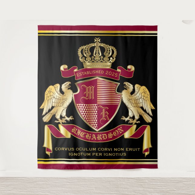 Monogram Coat of Arms Red Gold Eagle Crown Emblem Wandteppich (Vorderseite)