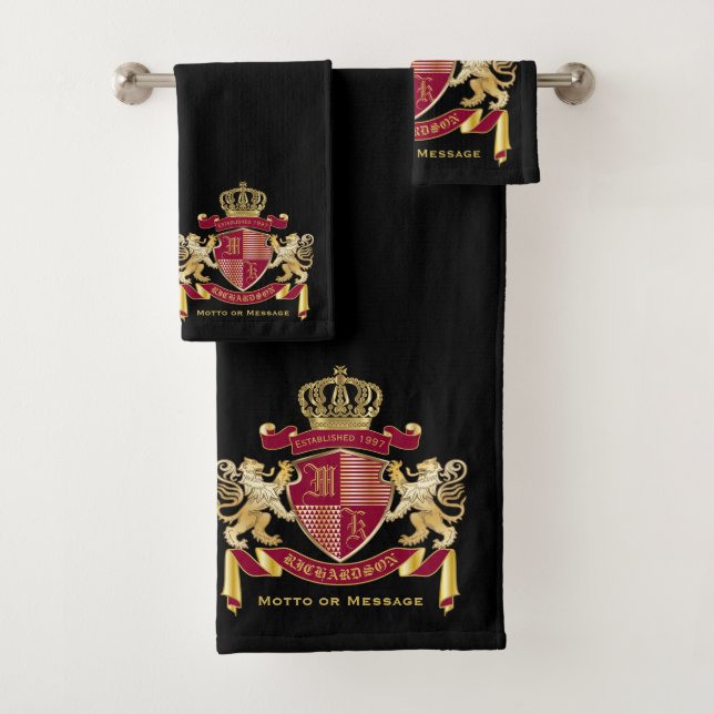 Monogram Coat of Arms Red Gold Lion Crown Emblem Badhandtuch Set (Insitu)