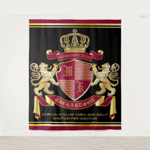 Monogram Coat of Arms Red Gold Lion Crown Emblem Wandteppich