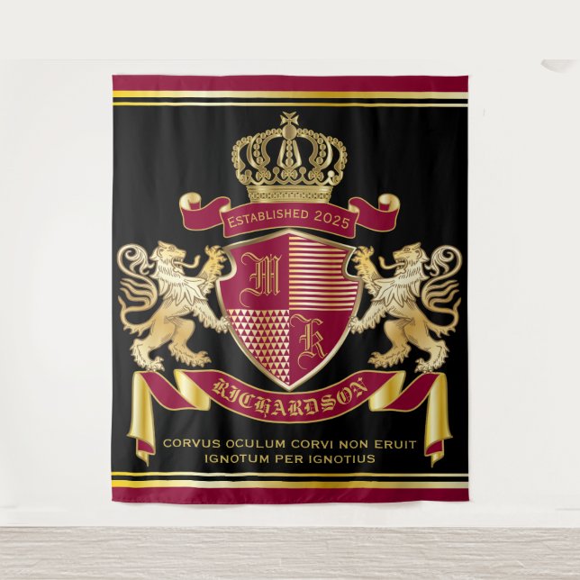 Monogram Coat of Arms Red Gold Lion Crown Emblem Wandteppich (Vorderseite)