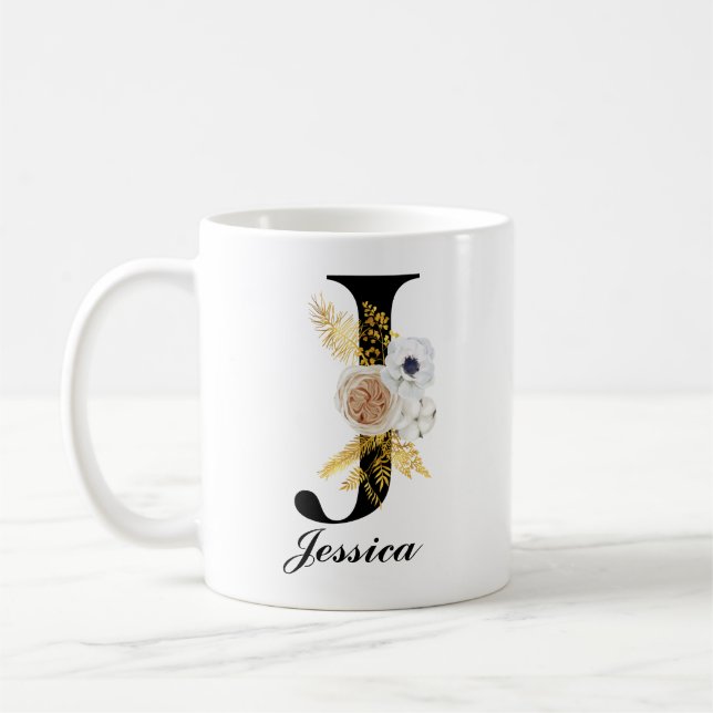 Monogram Coffee Tasse - Initial J Black Floral (Links)
