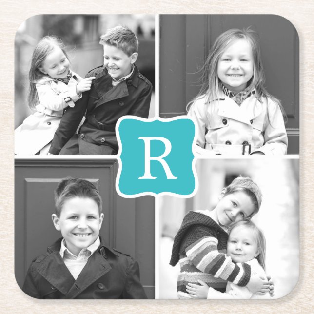 Monogram Collage Custom Foto Untersetzer - Türkis (Vorderseite)