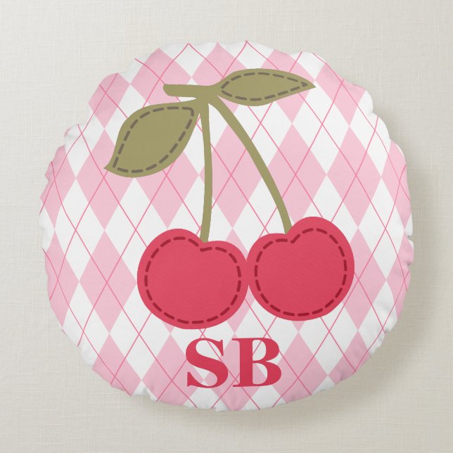 Monogram Coquette Cherry Pink Jacquard Rundes Kissen (Vorderseite)
