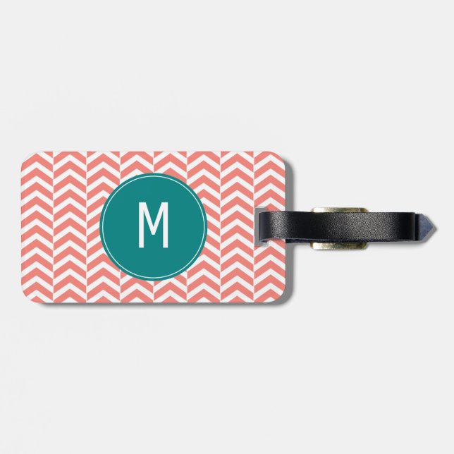Monogram Coral Pink mit Aquamarinem Zickzack Muste Gepäckanhänger (Rückseite horizontal)
