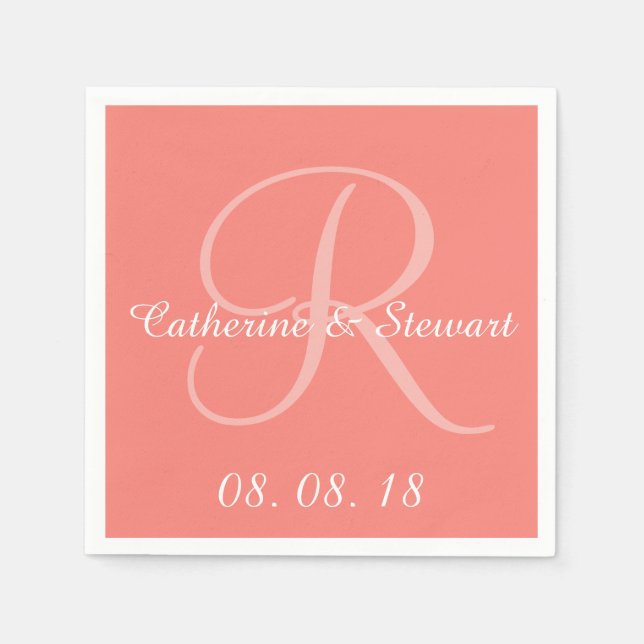 Monogram Coral Pink Stilvolle Farbdesign-Hochzeit Serviette (Vorderseite)