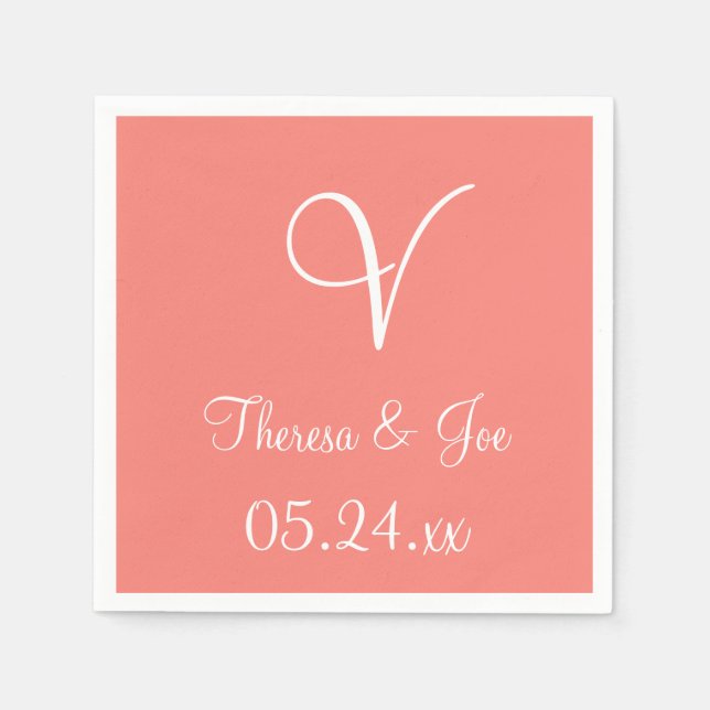 Monogram Coral Pink Stilvolles Farbdesign Napkins Serviette (Vorderseite)