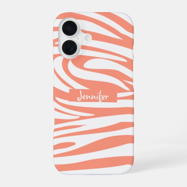 Monogram Coral Pink Striped Zebra Muster Trendy iPhone 16 Hülle (Rückseite)