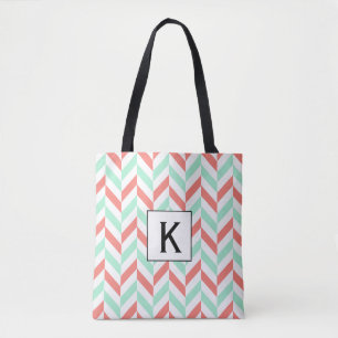 Monogram Coral Pink und Minze Green Herringbone