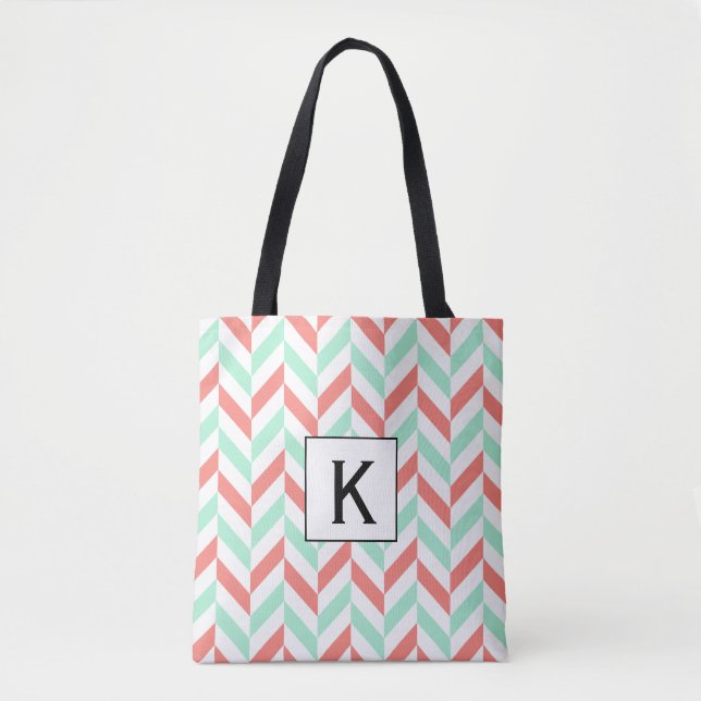 Monogram Coral Pink und Minze Green Herringbone (Vorderseite)