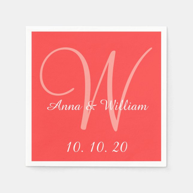 Monogram Coral Red Colored Wedpaper Napkins Serviette (Vorderseite)